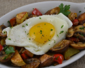 Thumbnail image for Roasted Fingerling Potatoes Topped with Spicy Vegetables and a Fried Egg